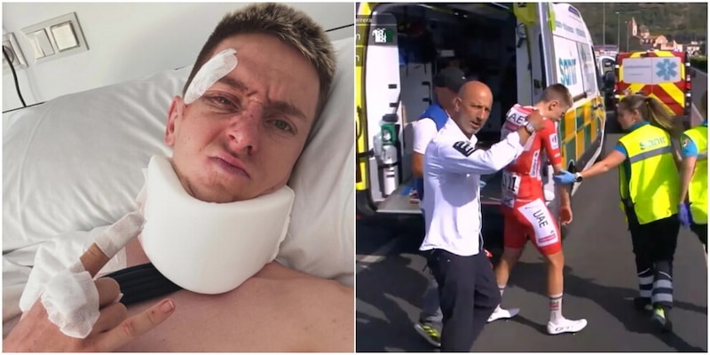 Pogacar sul letto d'ospedale con collare e cerotti: il campione è ferito, ma mostra grinta