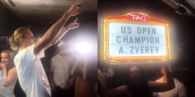 La folle notte di festa di Zverev dopo il trionfo agli Us Open: champagne a fiumi e un tabellone luminoso...