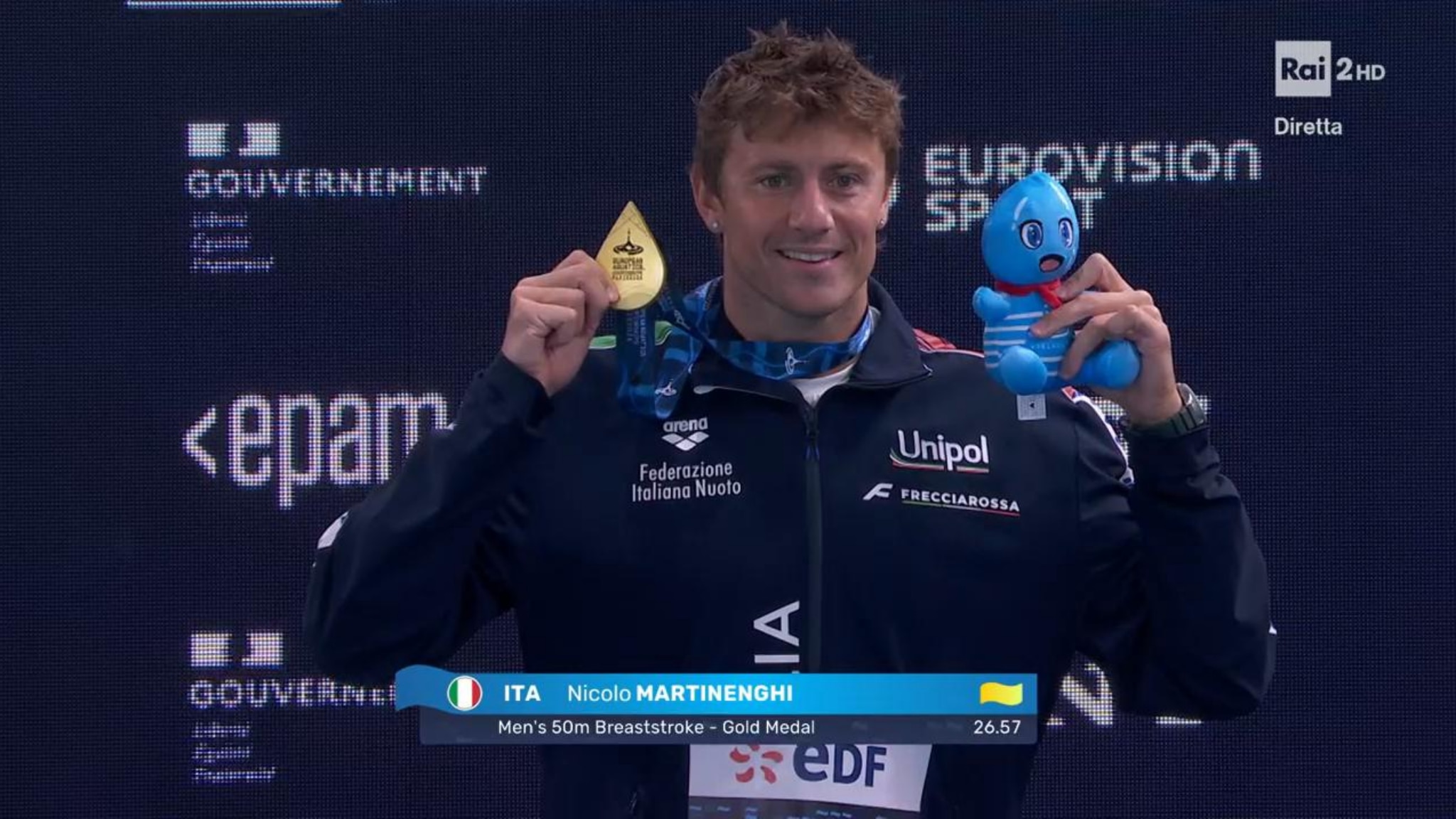 Europei di nuoto. La doppietta azzurra nei 50 rana uomini con Martinenghi e Cerasuolo. Premiazione