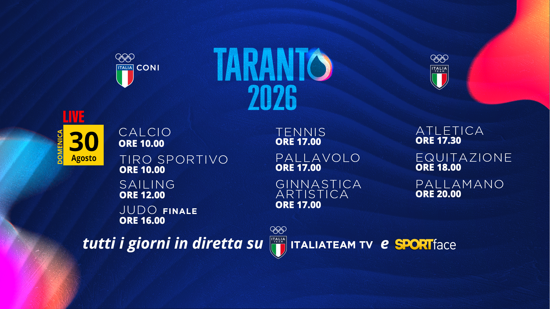 Giochi del Mediterraneo, il programma di oggi 30 agosto: le dirette su Sportface TV