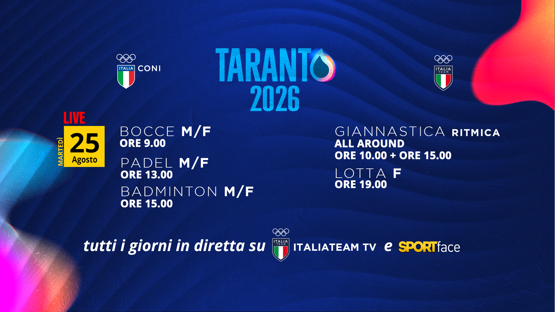Giochi del Mediterraneo: il programma di oggi 25 agosto e le dirette SportfaceTV