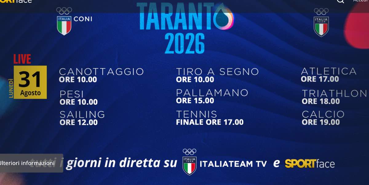 Taranto 2026, il programma di oggi 31 agosto: le dirette su Sportface TV